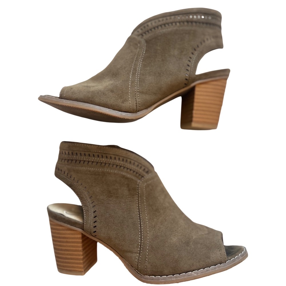 Madeline Womens Size 7 Olive Taupe Faux Suede Peep Toe Block Heel Bootie Sandals